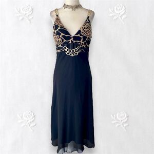 Early 2000's Black Gold Chain Mesh Animal Print Midi Party Dress M